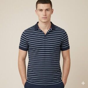 Ben Sherman Striped Short Sleeve Knit Polo Shirt Size Medium Navy Blue